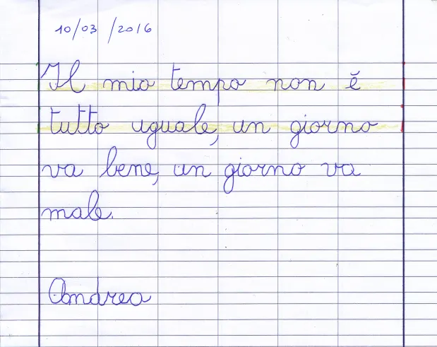 Pagina di quaderno scritta in corsivo da un bambino